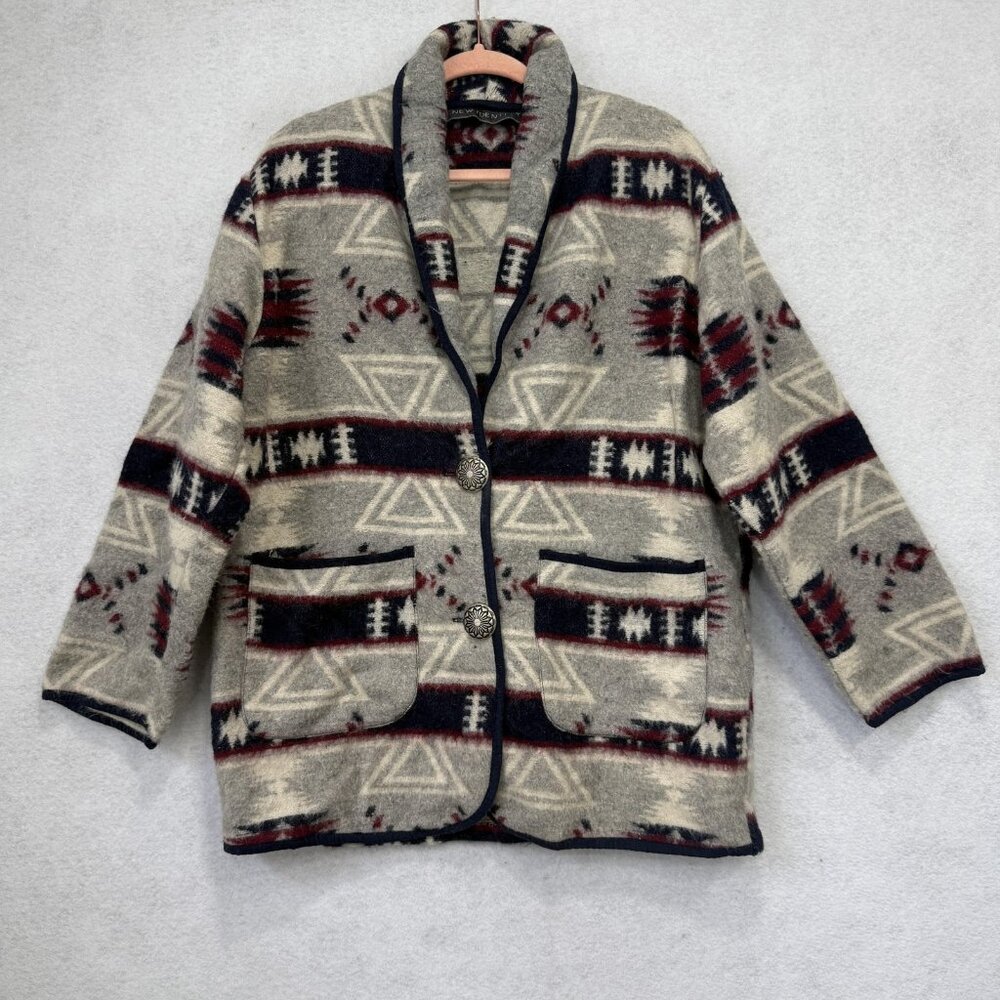 New Identity Blazer Womens Small Gray Wool Western Aztec Shawl Collar Pockets